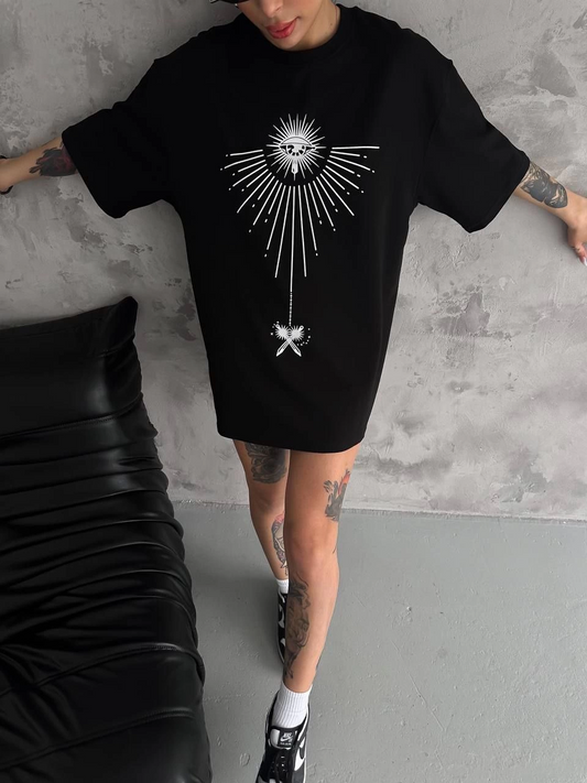 kadın Bisiklet Yaka Baskılı Oversize  Kısa kol T-Shirt - Siyah