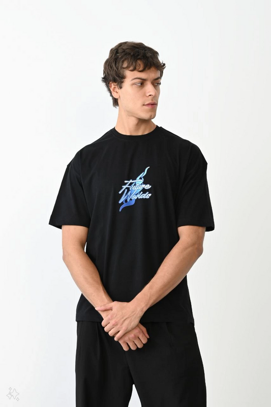 Erkek Baskılı T-Shirt Kısa Kol Bisiklet Yaka Regular Fit Rahat Kalıp Günlük Tişört - Siyah