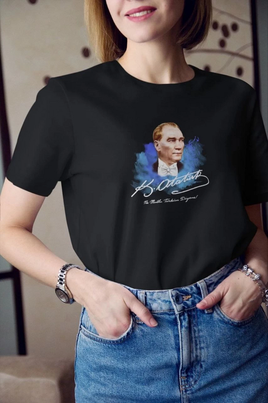Kadın Bisiklet Yaka ATATÜRK Baskılı Oversize  Kısa kol  T-Shirt - Siyah