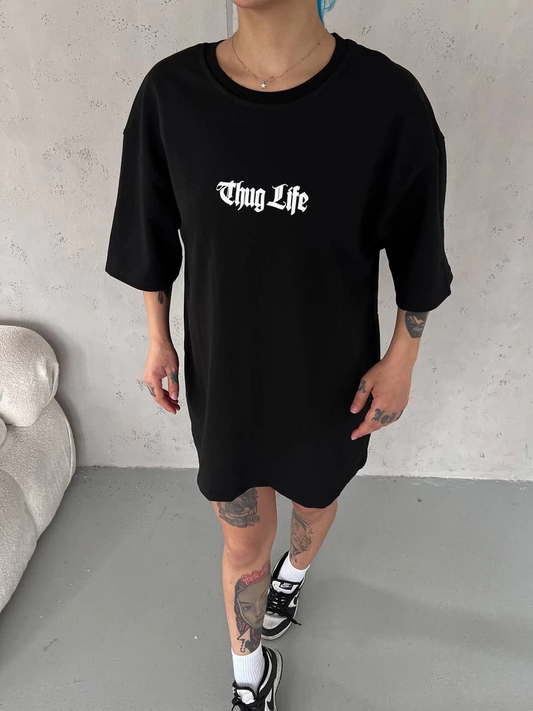 kadın Bisiklet Yaka Baskılı Oversize T-Shirt - Siyah