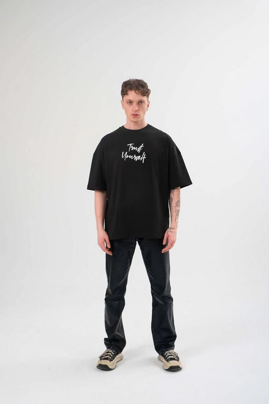 Erkek Bisiklet Yaka Baskılı  Kısa kol Oversize T-Shirt - Siyah