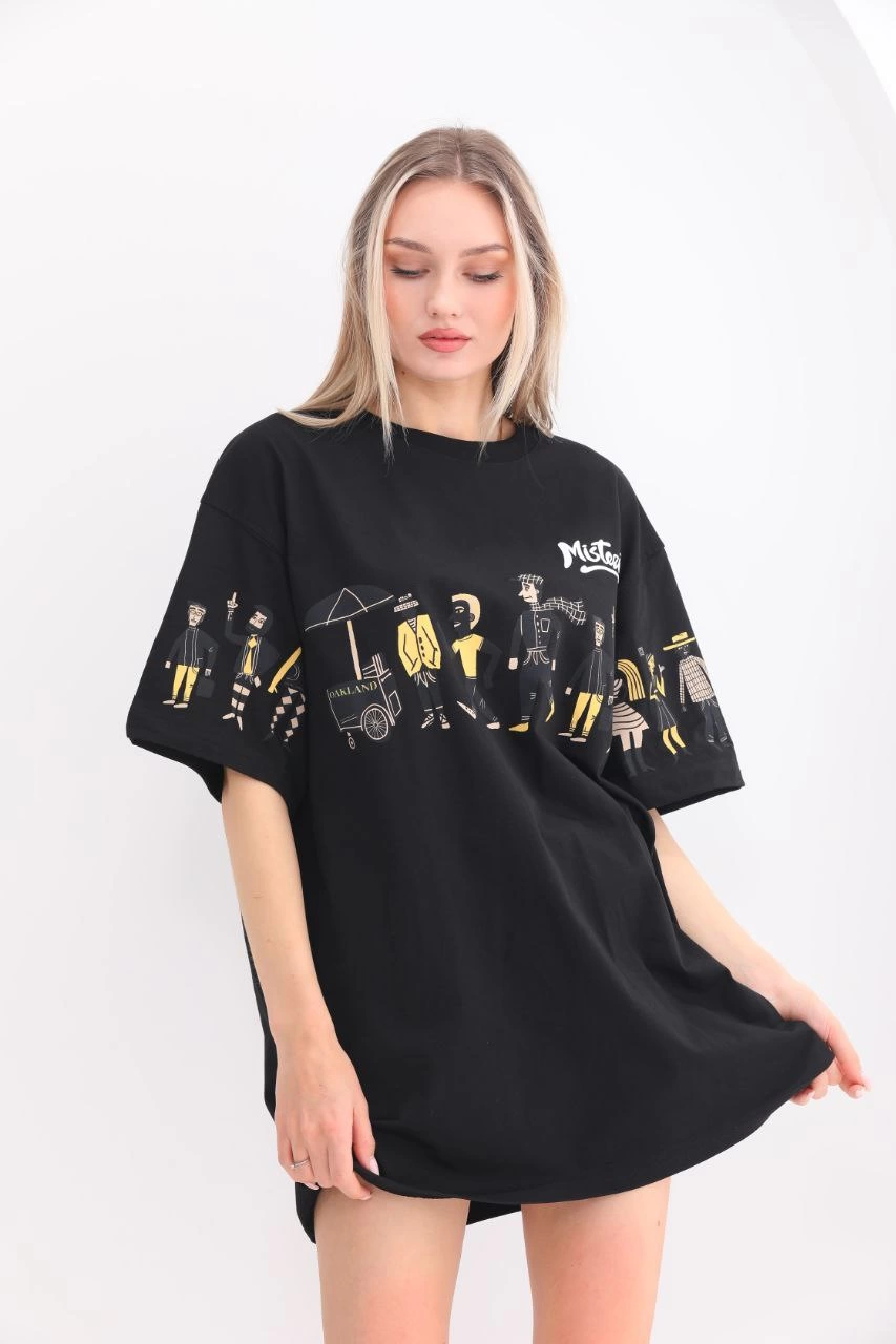 kadın  Bisiklet Yaka Baskılı Oversize T-Shirt - Siyah