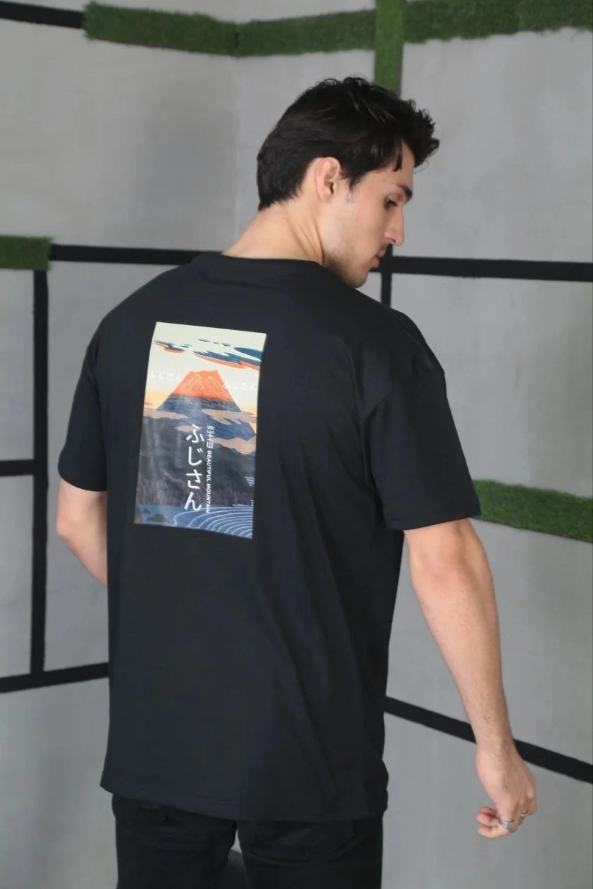 ERKEK Bisiklet Yaka Baskılı  Kısa kol Oversize T-Shirt - Siyah
