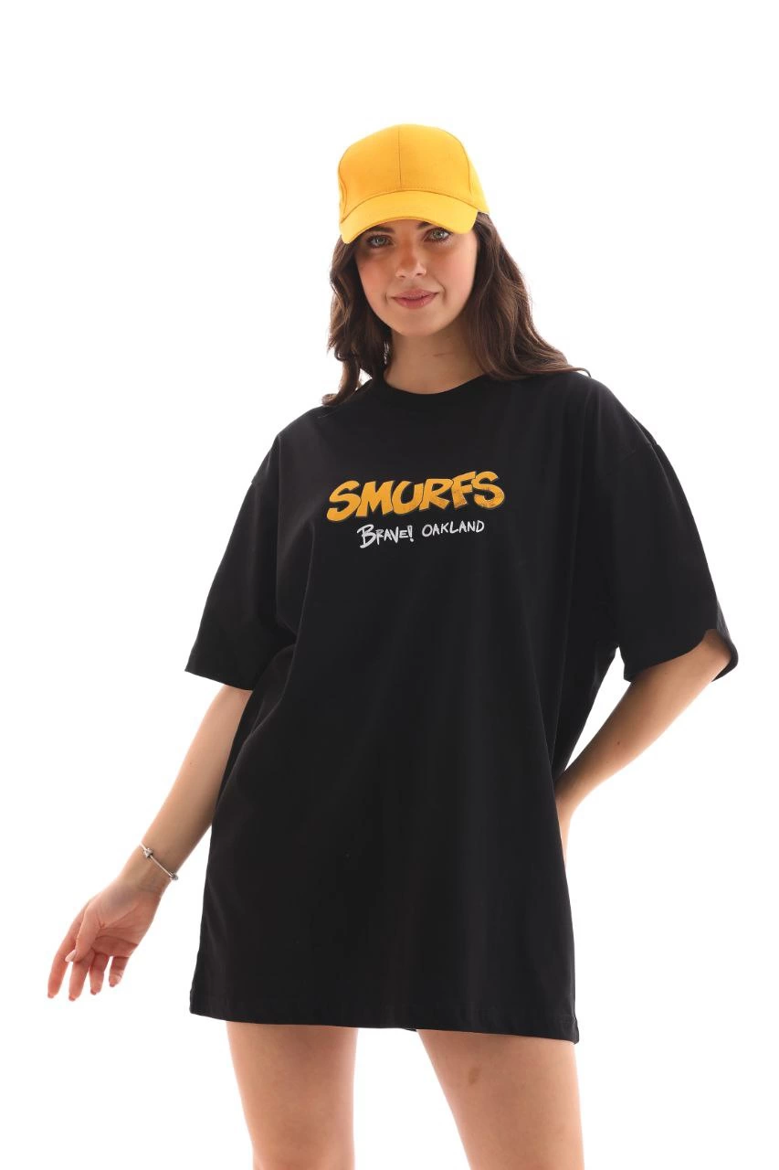 kadın  Bisiklet Yaka Baskılı Oversize T-Shirt - Siyah