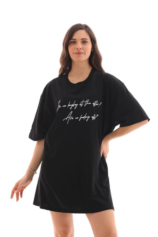 kadın  Bisiklet Yaka Baskılı Oversize T-Shirt - Siyah