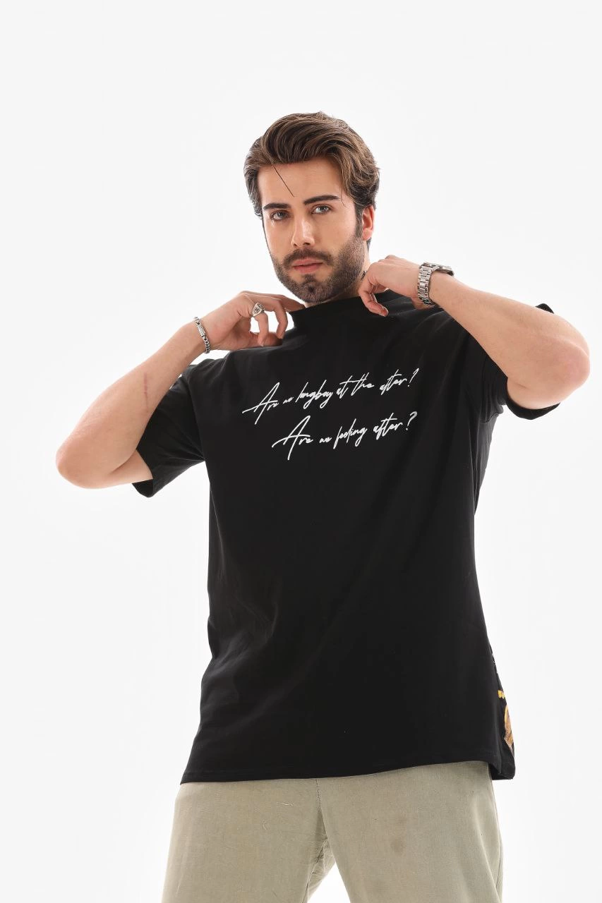Erkek Bisiklet Yaka Baskılı Oversize T-Shirt - Siyah