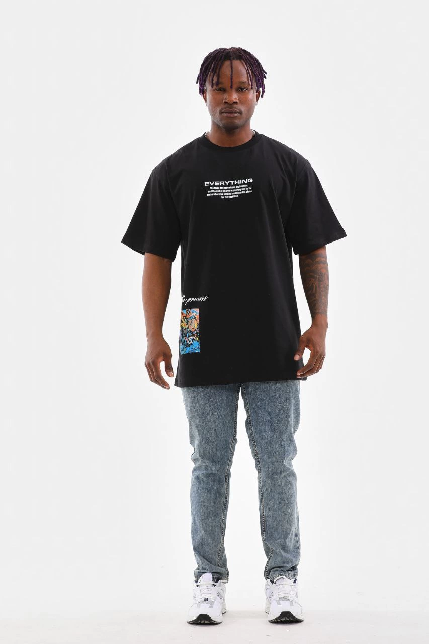 Erkek Bisiklet Yaka Baskılı Oversize T-Shirt - Siyah