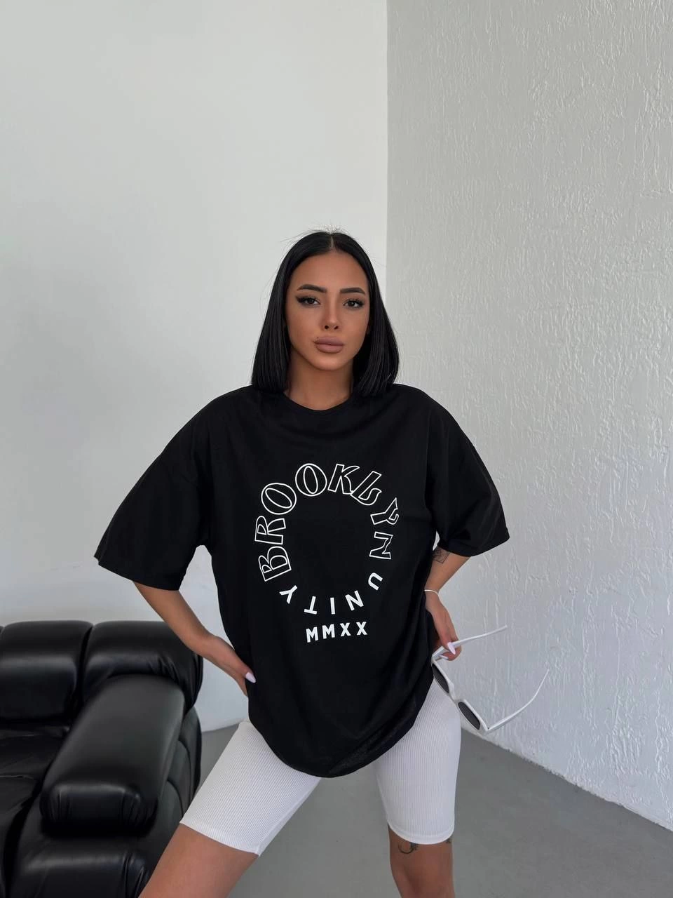Kadın Baskılı T-Shirt Kısa Kol Bisiklet Yaka  Ovarsize Rahat Kalıp Günlük Tişört - Siyah
