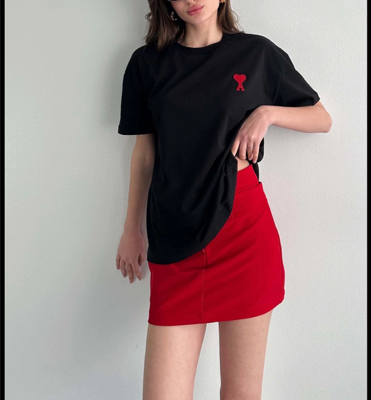 kadın Bisiklet Yaka Baskılı Oversize  Kısa Kol T-Shirt - Siyah