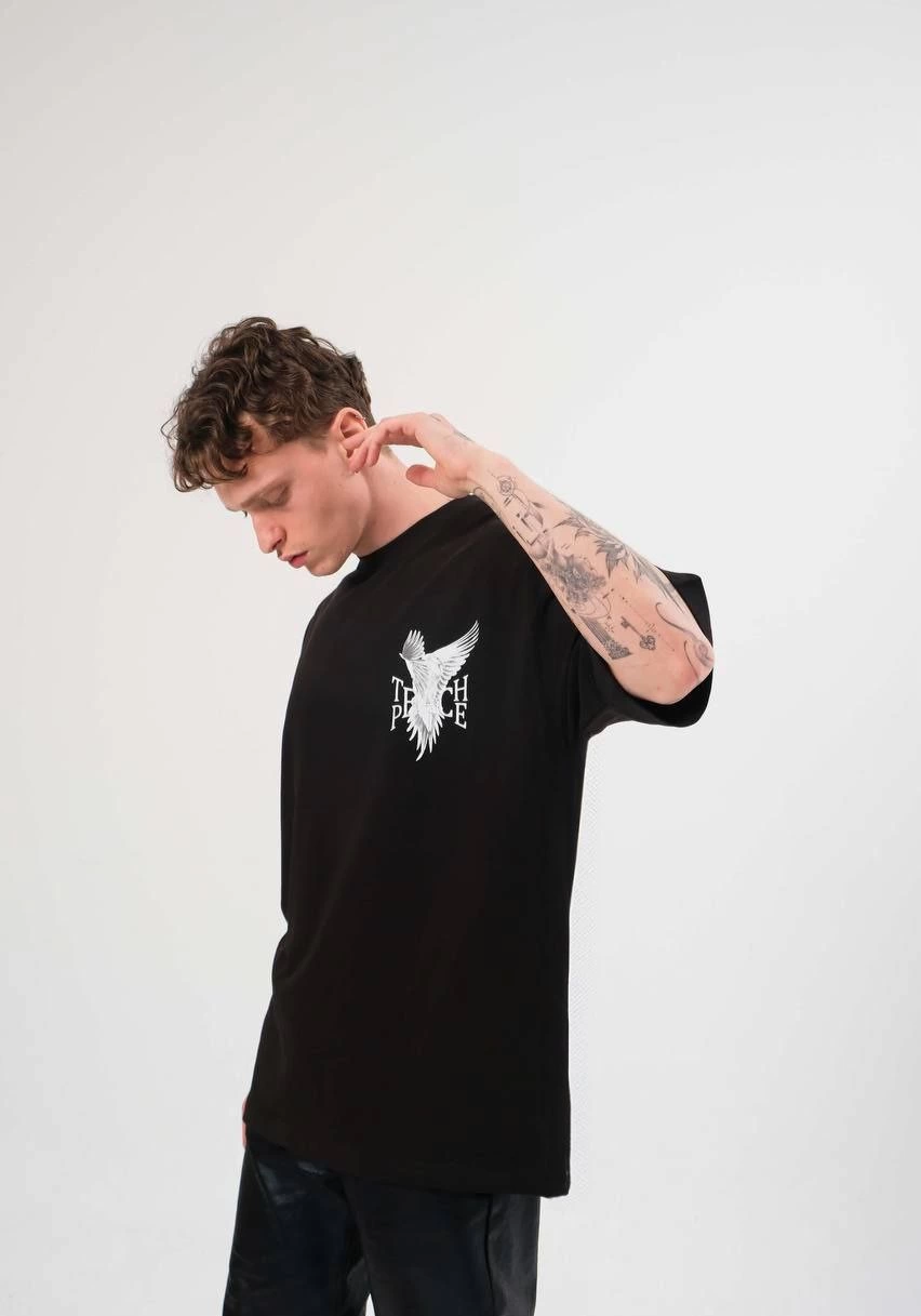 Erkek Bisiklet Yaka Baskılı  Kısa kol T-Shirt - Siyah