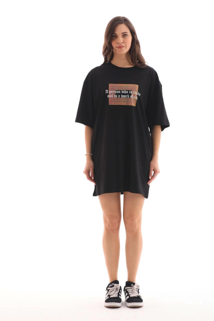 Kadın Baskılı T-Shirt Kısa Kol Bisiklet Yaka Ovarsize Rahat Kalıp Tişört -  Siyah
