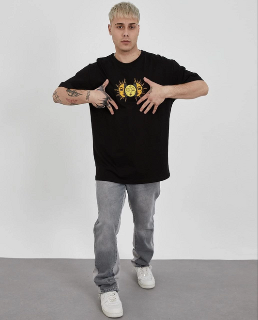 ERKEK Bisiklet Yaka Baskılı Oversize T-Shirt - Siyah