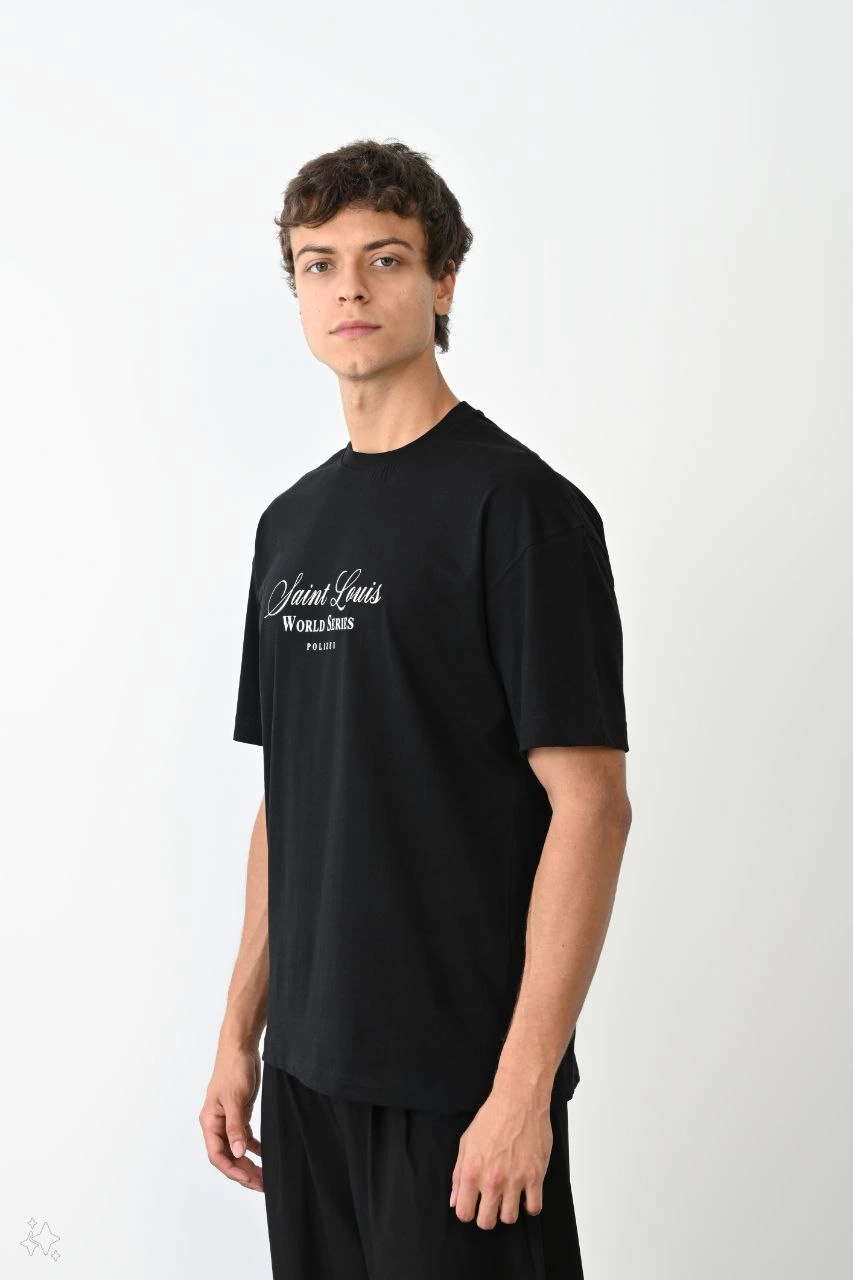 Erkek Baskılı T-Shirt Kısa Kol Bisiklet Yaka Regular Fit Rahat Kalıp Günlük Tişört - Siyah