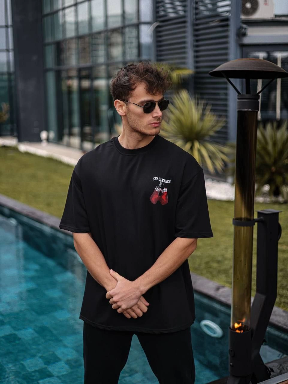 Erkek  Bisiklet Yaka Baskılı Oversize T-Shirt - Siyah