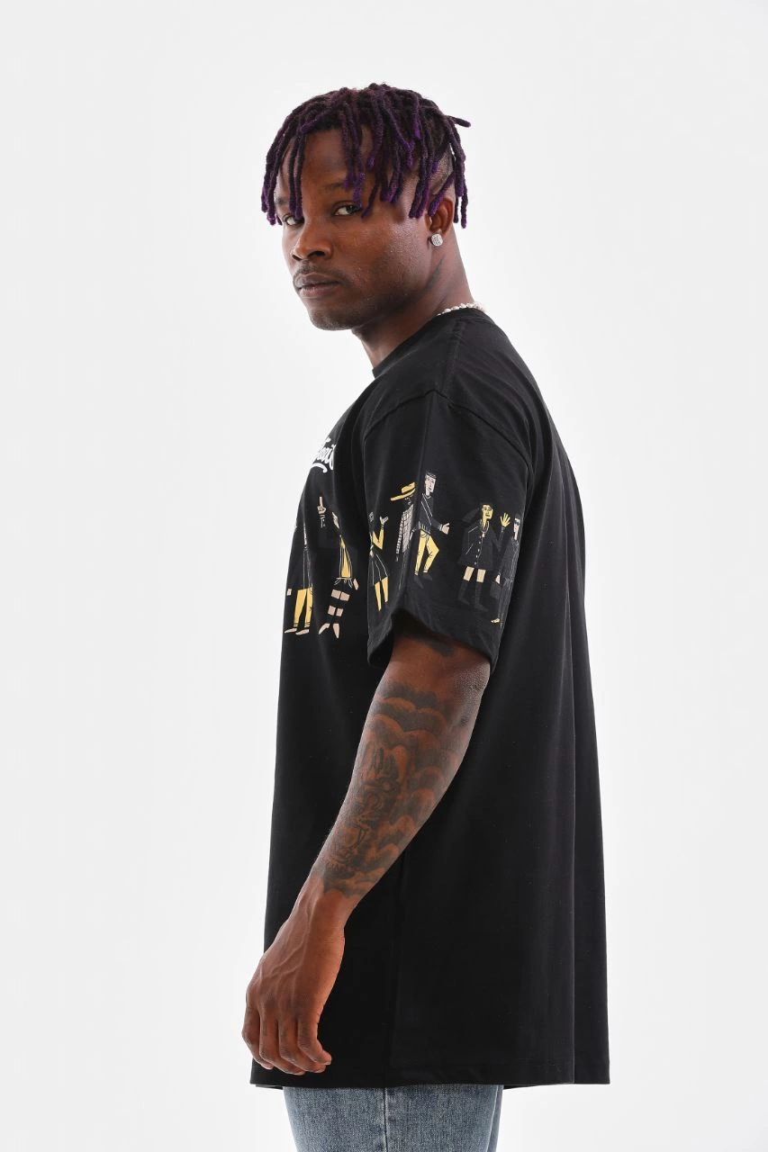 Erkek Bisiklet Yaka Baskılı Oversize T-Shirt - Siyah