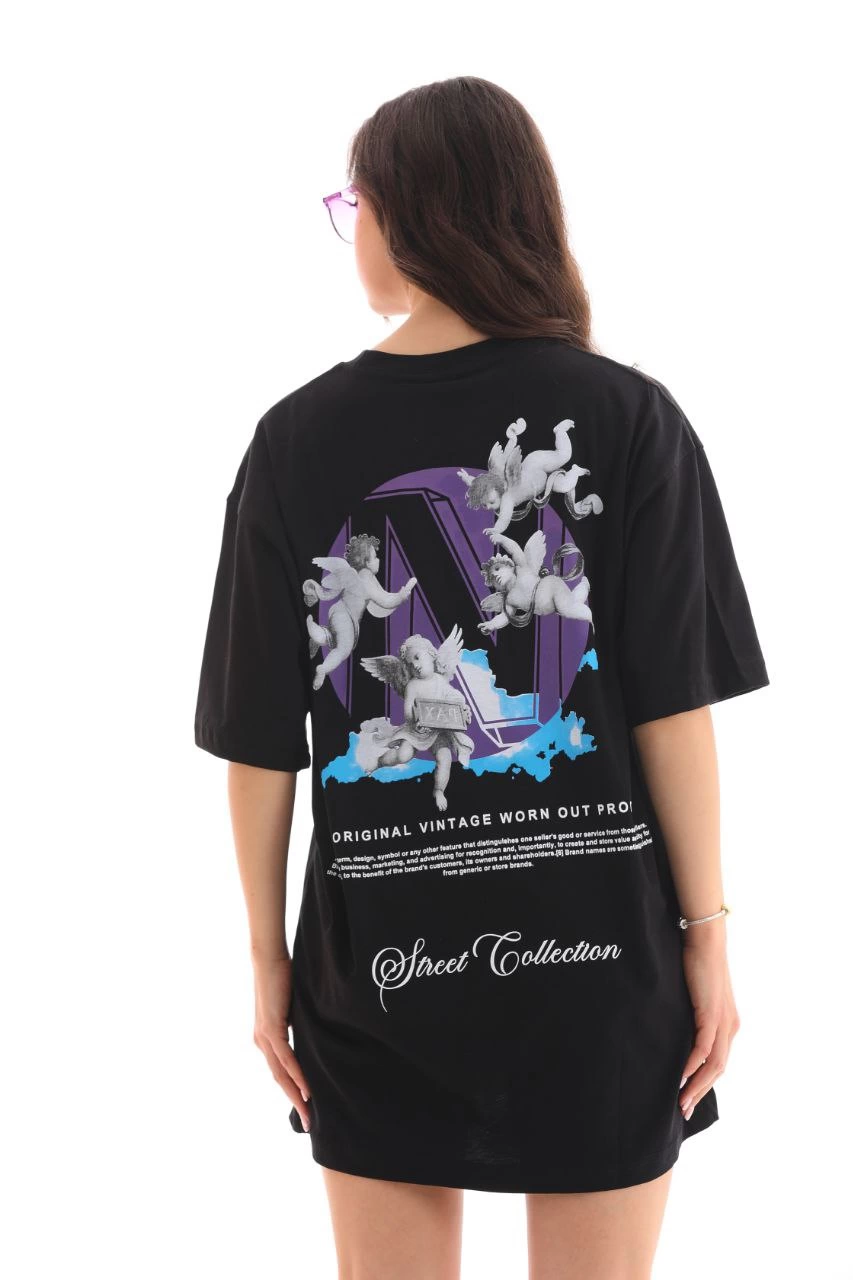 Kadın Baskılı T-Shirt Kısa Kol Bisiklet Yaka  Ovarsize Rahat Kalıp Günlük Tişört  - Siyah