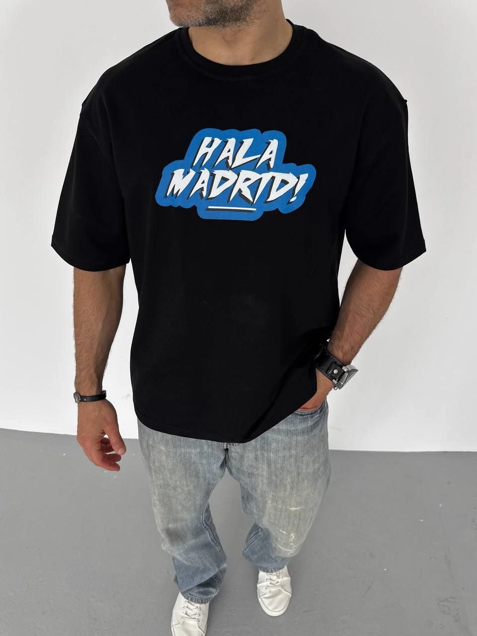 ERKEK Bisiklet Yaka Baskılı Oversize T-Shirt - Siyah