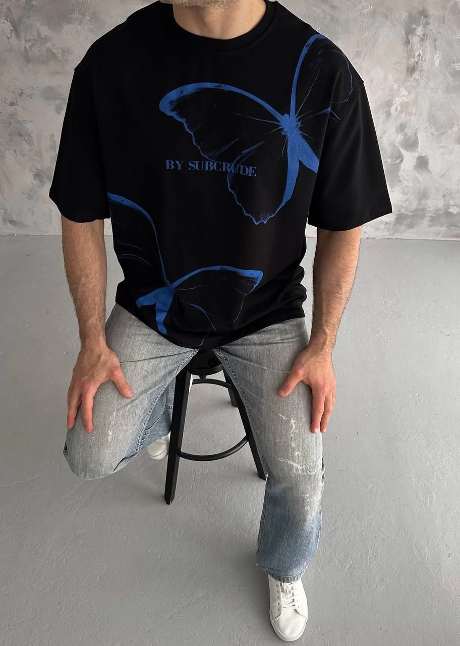 Erkek  Bisiklet Yaka Baskılı Oversize T-Shirt - Siyah