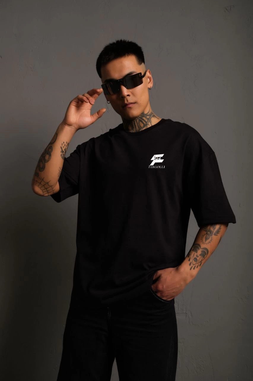 Erkek  Bisiklet Yaka Baskılı Oversize T-Shirt - Siyah