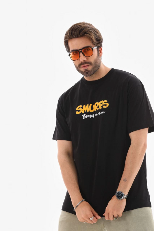Erkek  Bisiklet Yaka Baskılı Oversize T-Shirt - Siyah