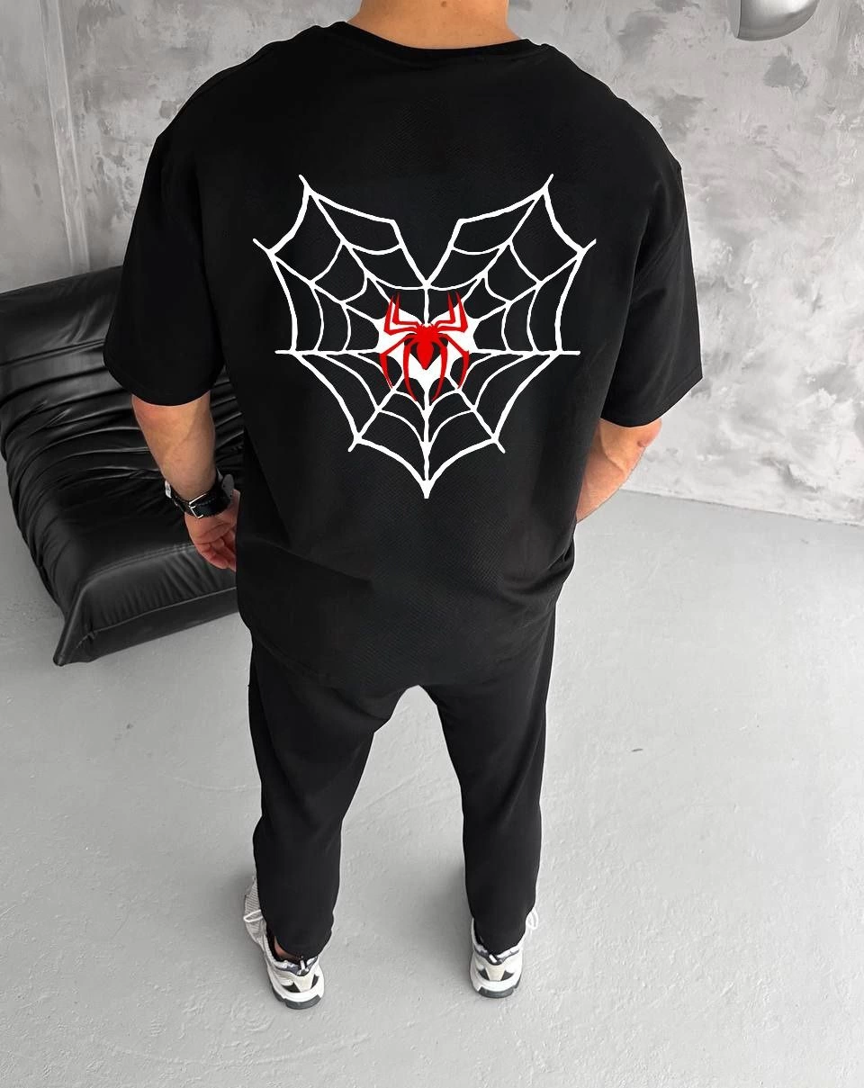 ERKEK  Bisiklet Yaka ön ve sırt örümcek Baskılı Oversize T-Shirt - Siyah