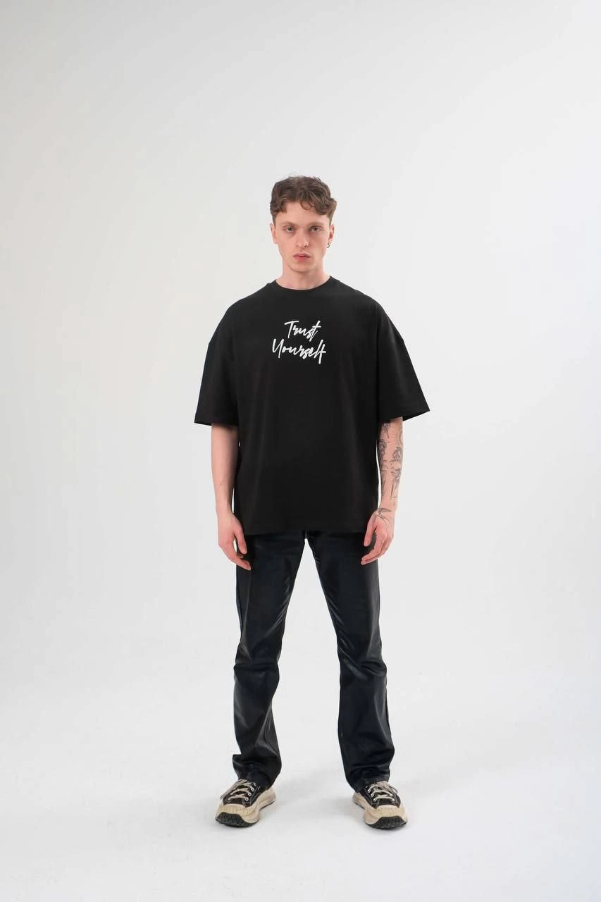 ERKEK Bisiklet Yaka Baskılı Oversize Kısa kol T-Shirt - Siyah