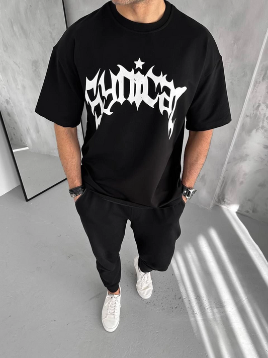 Erkek Bisiklet Yaka Baskılı Oversize Kısa kol  T-Shirt - Siyah