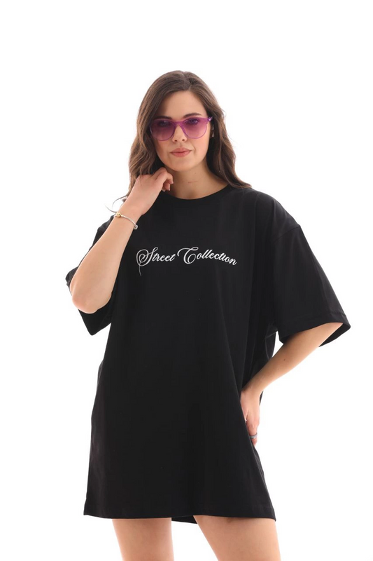 Kadın Baskılı T-Shirt Kısa Kol Bisiklet Yaka  Ovarsize Rahat Kalıp Günlük Tişört  - Siyah