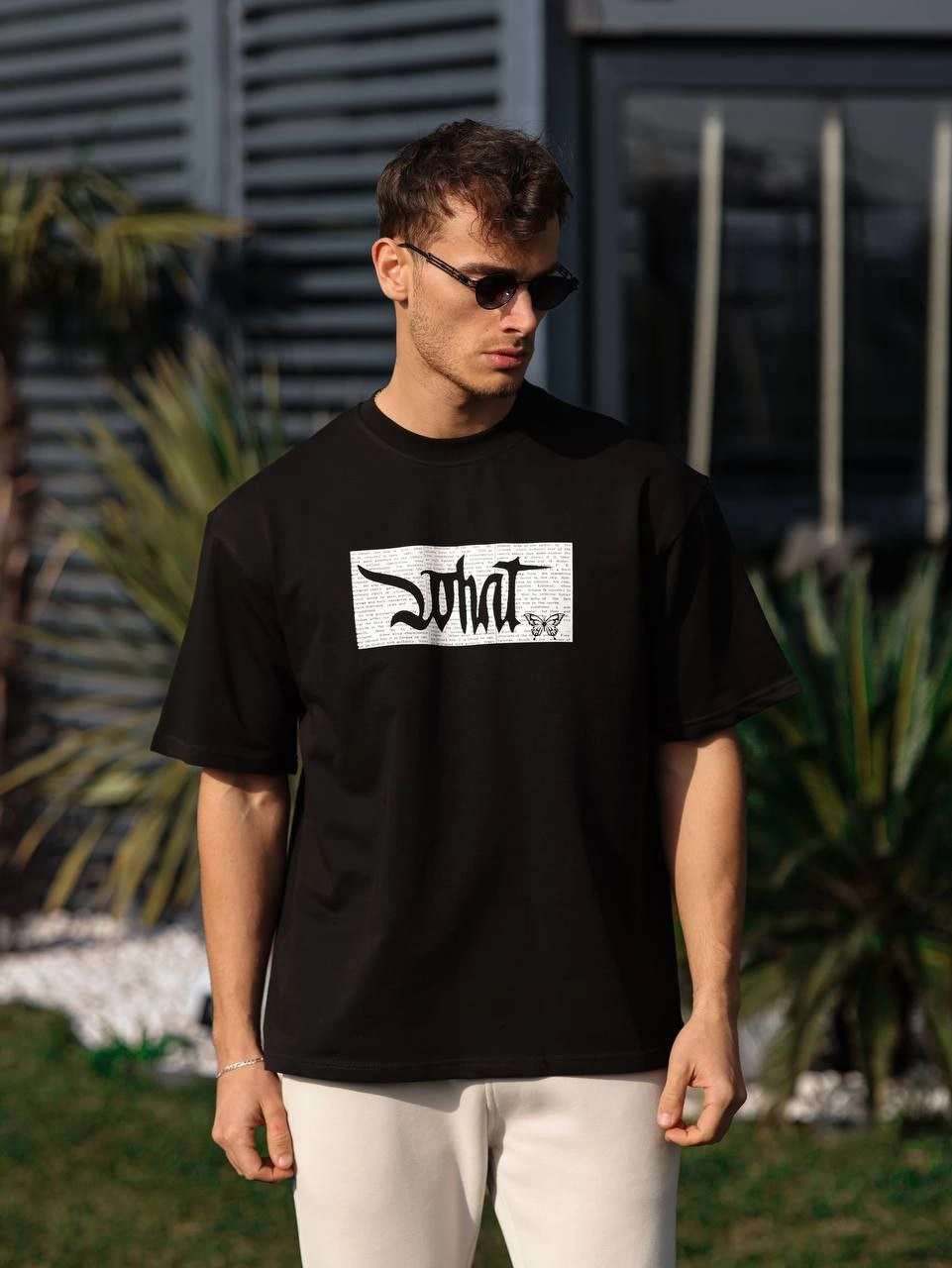 Erkek Bisiklet Yaka Baskılı Oversize T-Shirt - Siyah