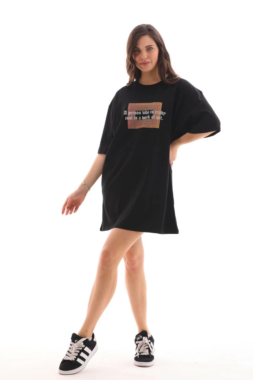 Kadın Baskılı T-Shirt Kısa Kol Bisiklet Yaka Ovarsize Rahat Kalıp Tişört -  Siyah