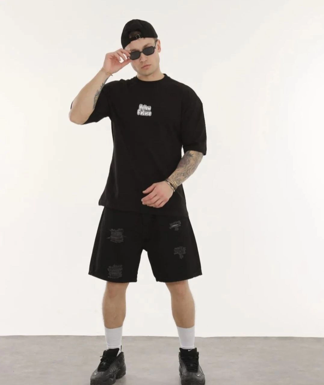 ERKEK Bisiklet Yaka Baskılı Oversize T-Shirt - Siyah