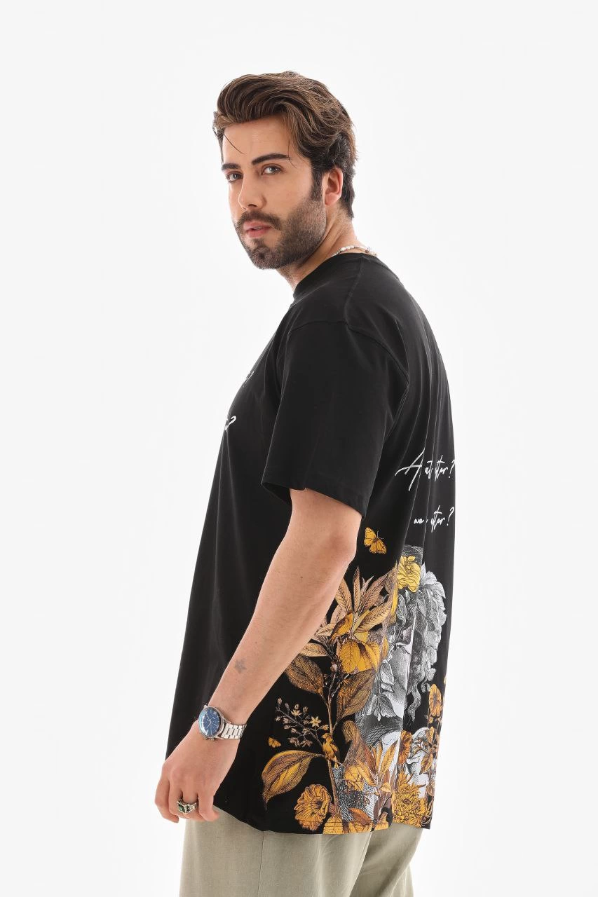 Erkek Bisiklet Yaka Baskılı Oversize T-Shirt - Siyah
