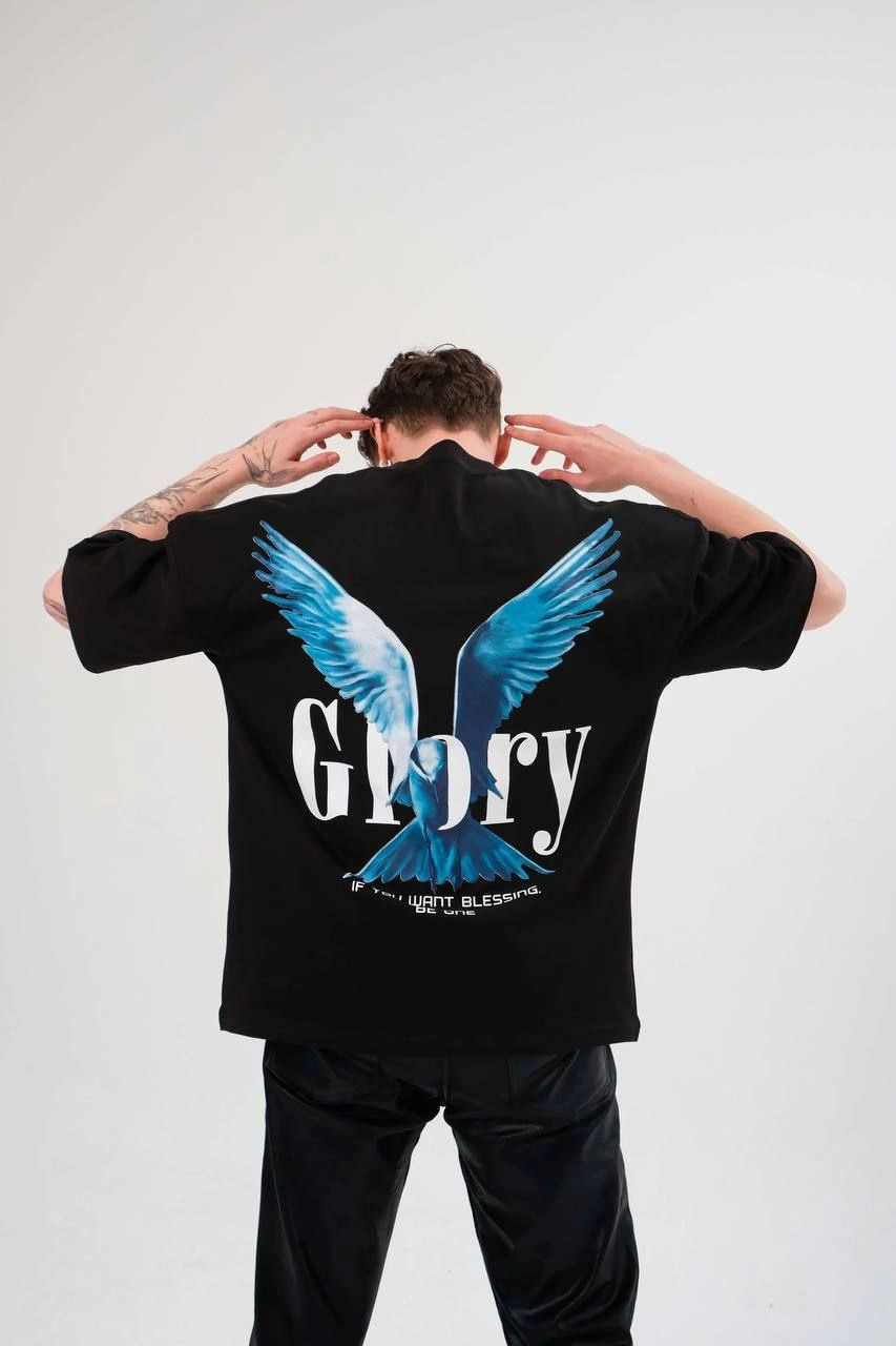 Erkek Bisiklet Yaka Baskılı  Kısa kol Oversize T-Shirt - Siyah