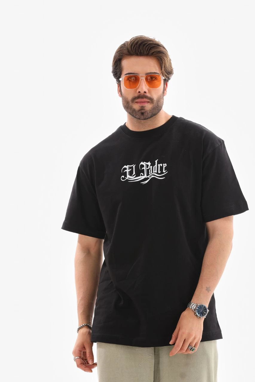 Erkek Bisiklet Yaka Baskılı Oversize T-Shirt - Siyah
