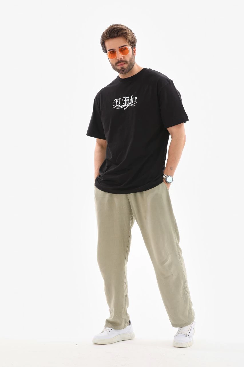 Erkek Bisiklet Yaka Baskılı Oversize T-Shirt - Siyah