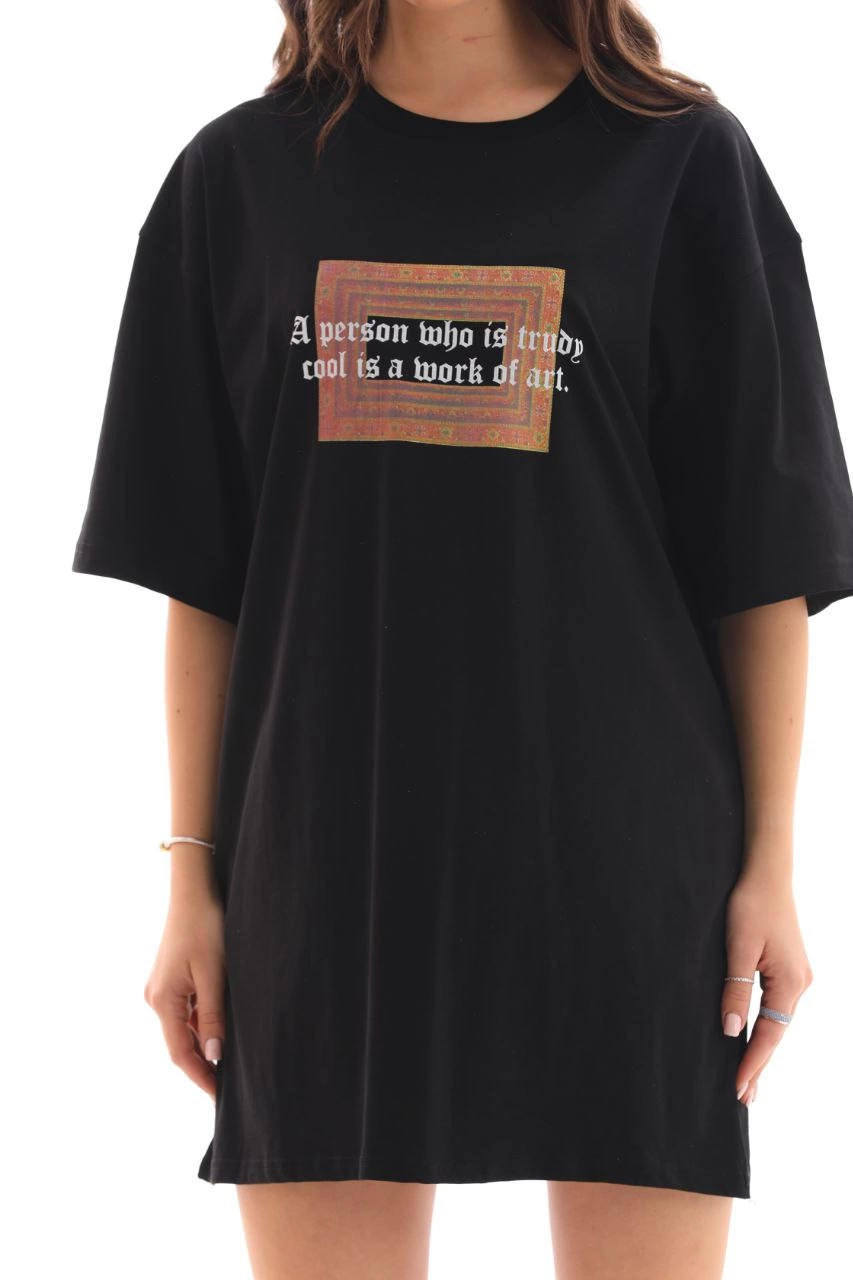 Kadın Baskılı T-Shirt Kısa Kol Bisiklet Yaka Ovarsize Rahat Kalıp Tişört -  Siyah