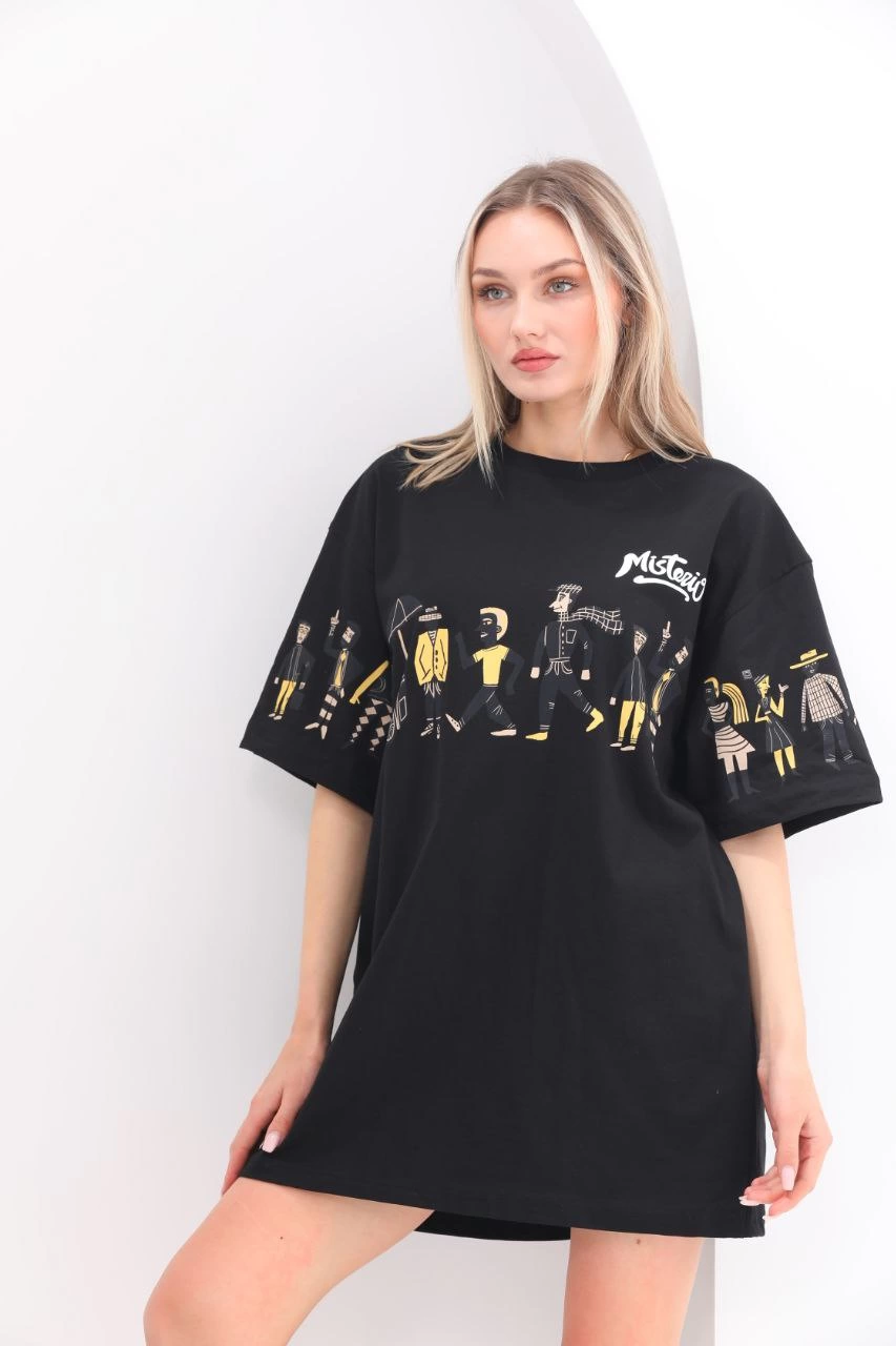 kadın  Bisiklet Yaka Baskılı Oversize T-Shirt - Siyah
