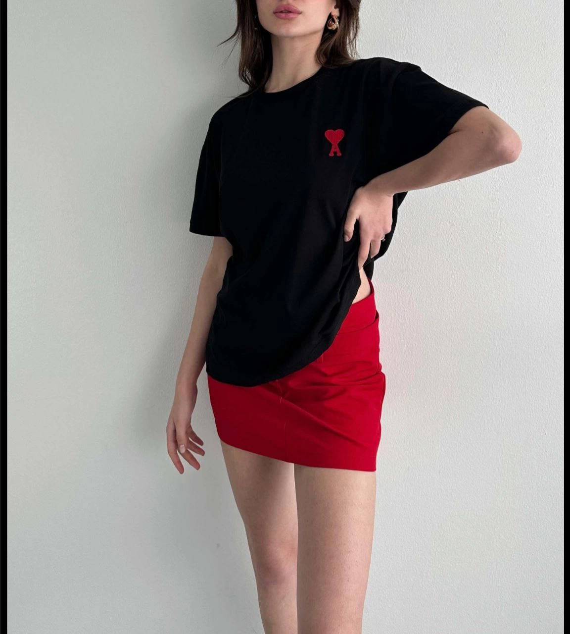 kadın Bisiklet Yaka Baskılı Oversize  Kısa Kol T-Shirt - Siyah