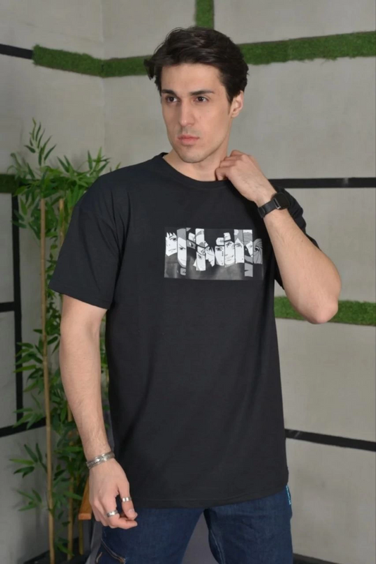 ERKEK Bisiklet Yaka Baskılı Kısa kol  Oversize T-Shirt - Siyah