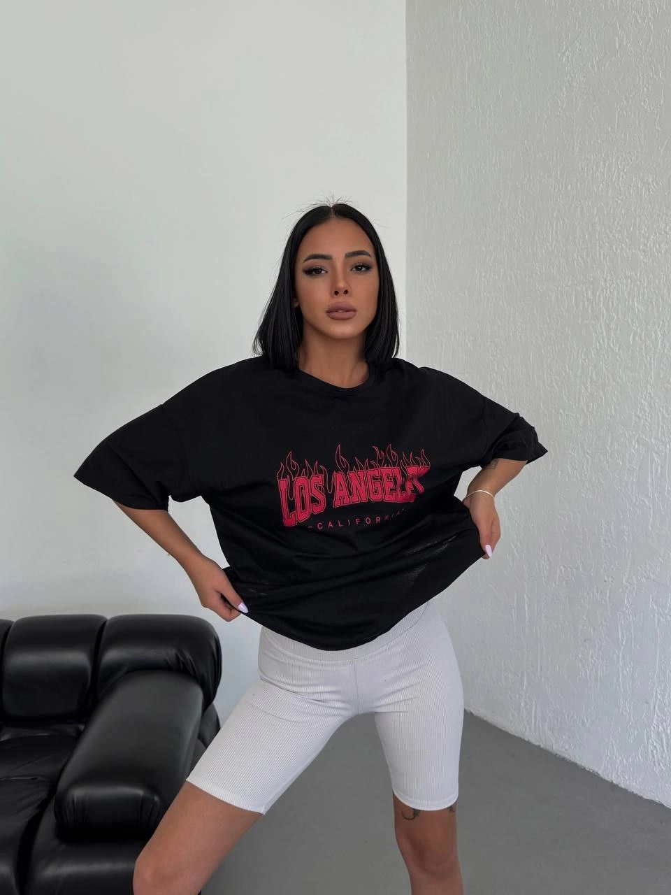 Kadın Baskılı T-Shirt Kısa Kol Bisiklet Yaka  Ovarsize Rahat Kalıp Günlük Tişört  - Siyah