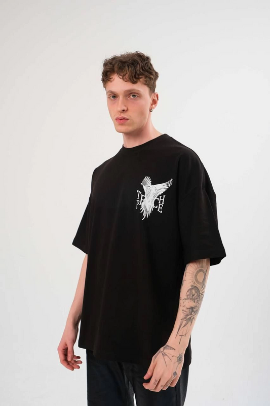 Erkek Bisiklet Yaka Baskılı  Kısa kol T-Shirt - Siyah