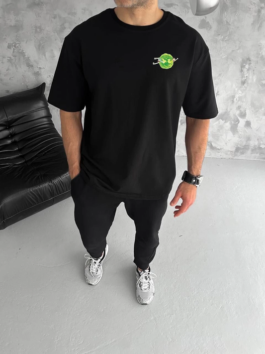 ERKEK Bisiklet Yaka ön ve sırt Baskılı Oversize T-Shirt - Siyah
