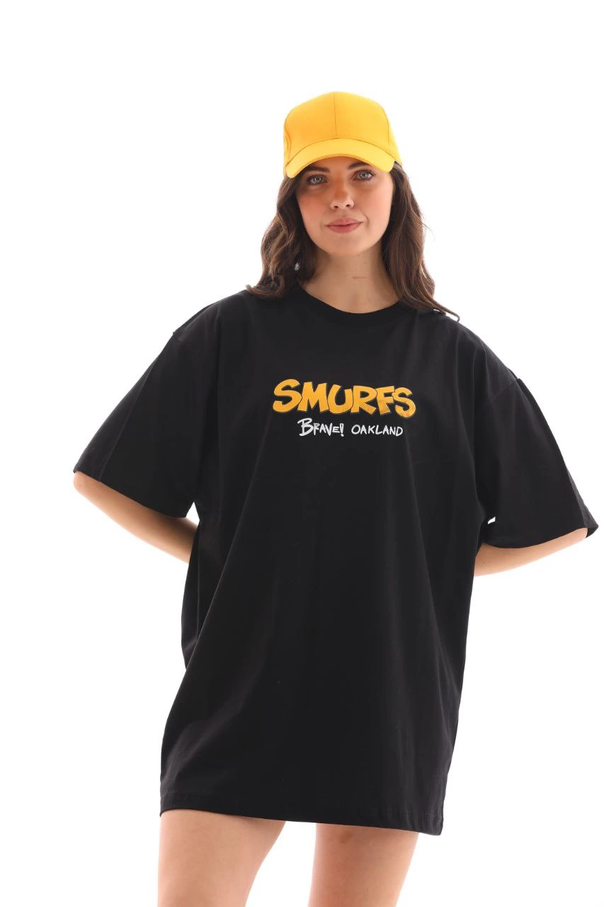 kadın  Bisiklet Yaka Baskılı Oversize T-Shirt - Siyah