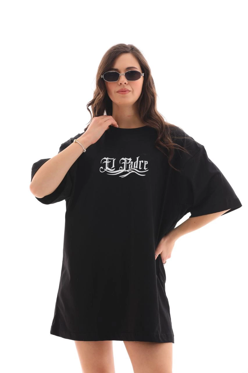 Kadın Baskılı T-Shirt Kısa Kol Bisiklet Yaka  Ovarsize Rahat Kalıp Günlük Tişört  - Siyah