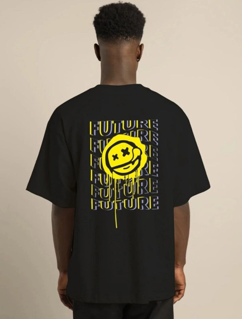ERKEK Bisiklet Yaka Baskılı  Kısa kol Oversize T-Shirt - Siyah