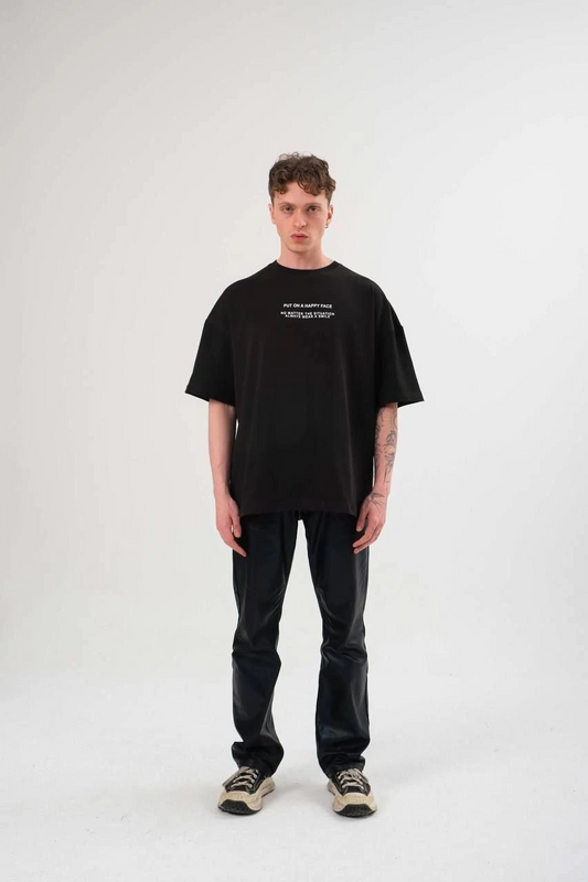 Erkek Bisiklet Yaka Baskılı  Kısa kol Oversize T-Shirt - Siyah