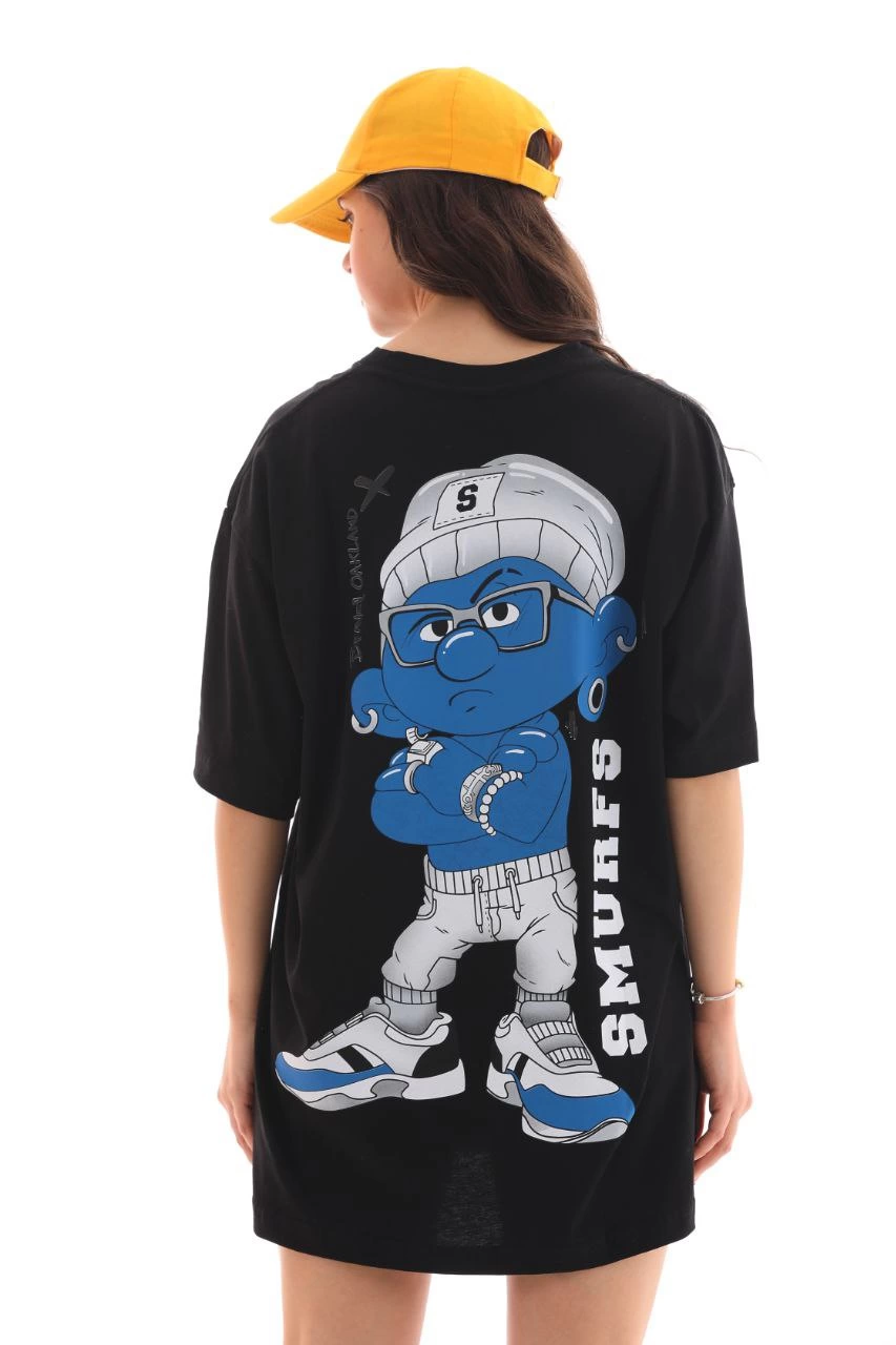 kadın  Bisiklet Yaka Baskılı Oversize T-Shirt - Siyah
