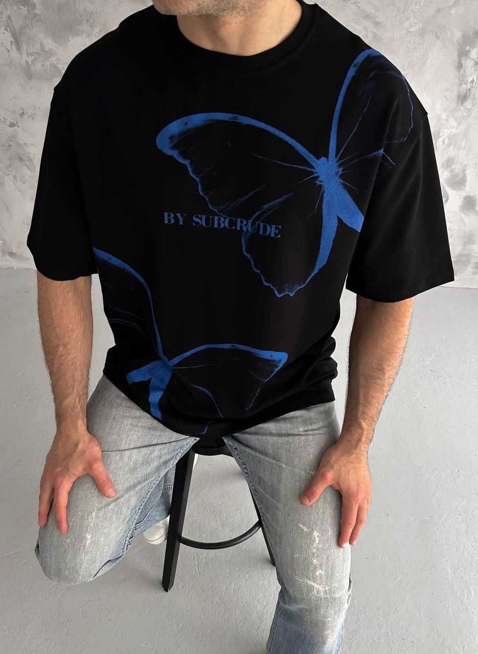 Erkek  Bisiklet Yaka Baskılı Oversize T-Shirt - Siyah