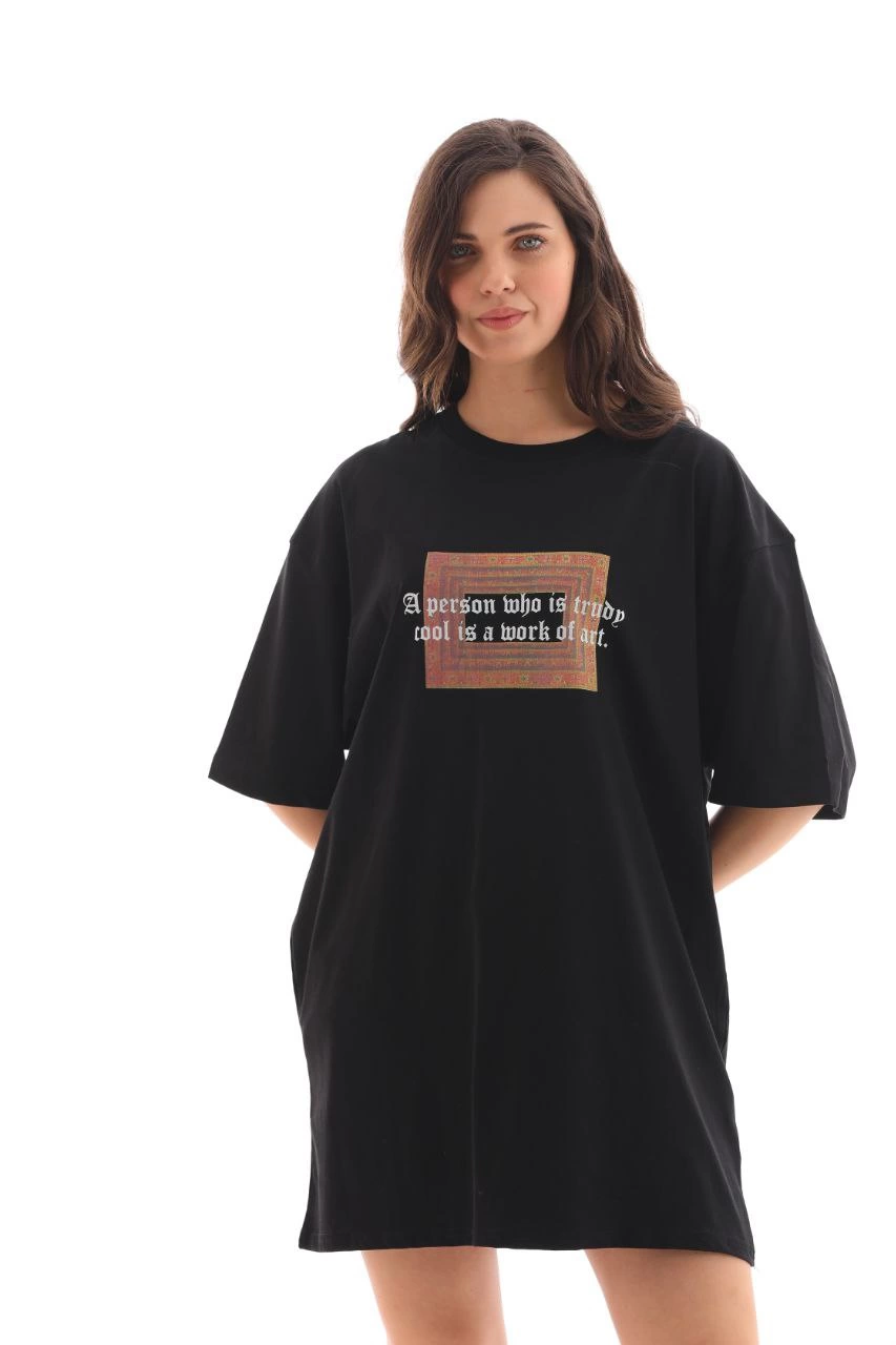 Kadın Baskılı T-Shirt Kısa Kol Bisiklet Yaka Ovarsize Rahat Kalıp Tişört -  Siyah