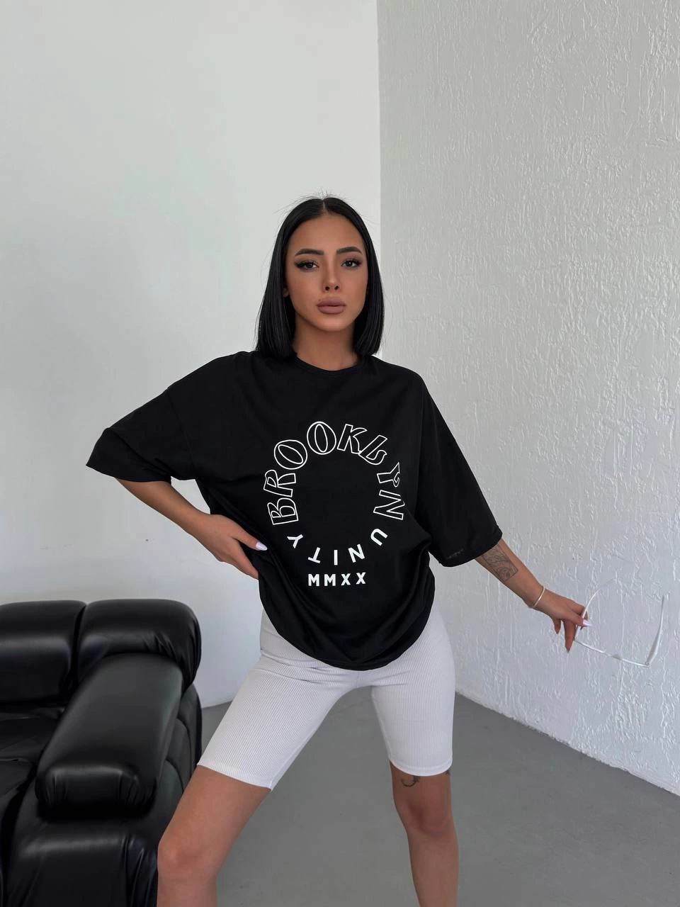 Kadın Baskılı T-Shirt Kısa Kol Bisiklet Yaka  Ovarsize Rahat Kalıp Günlük Tişört - Siyah